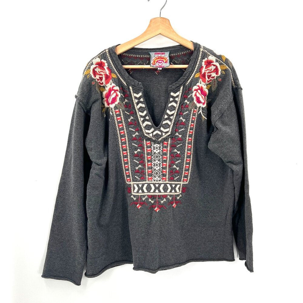 Johnny Was embroidered issoria cotton pullover sweatshirt boho hippy artsy top L